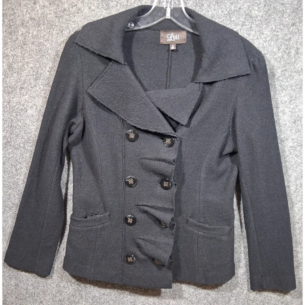 Luii Womens Black 100% Wool Ruffle Double Breasted Blazer Jacket Size S Small